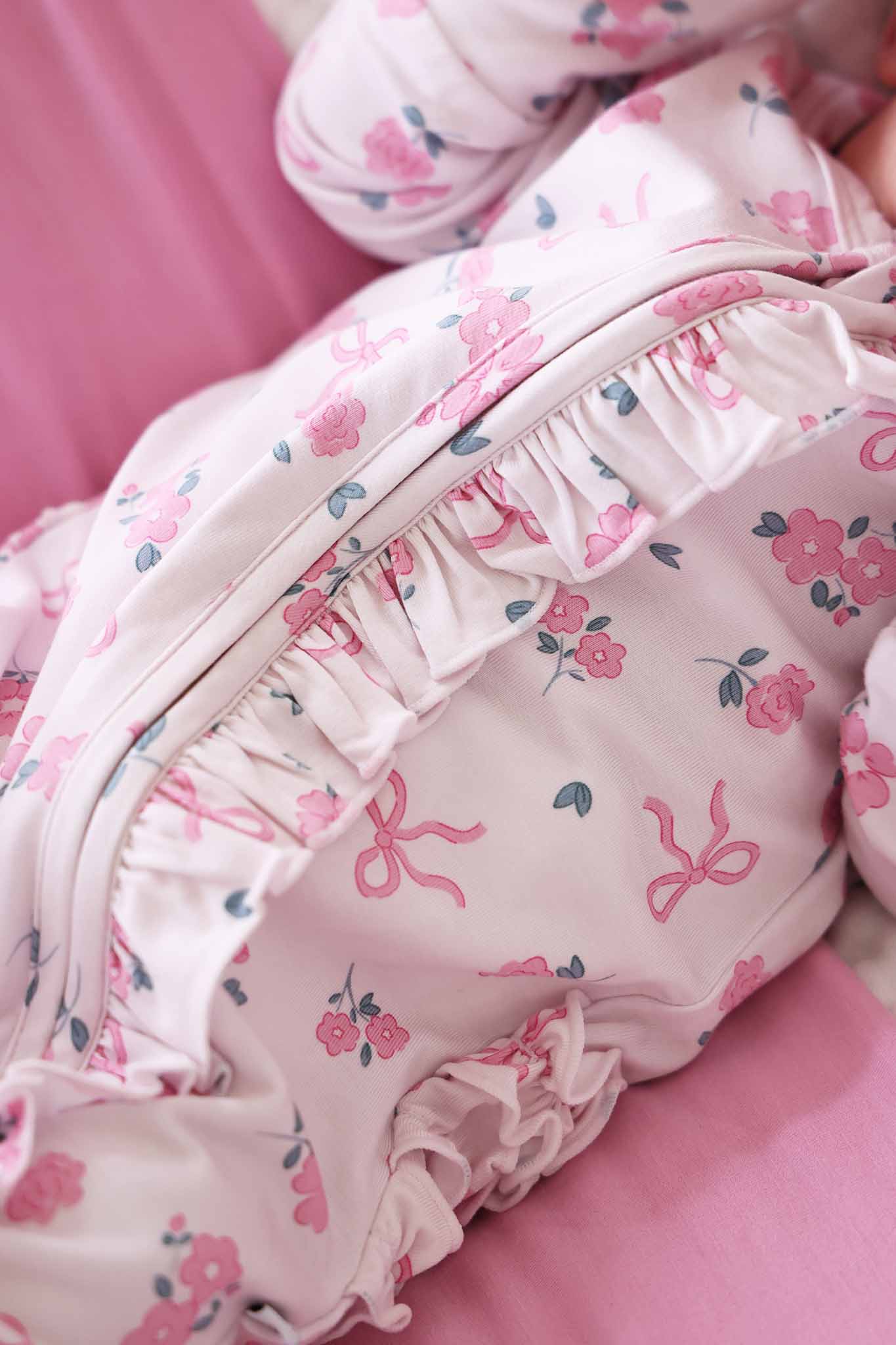 Ribbon & Roses Ruffle Zipper Footie | Pink - Image 3