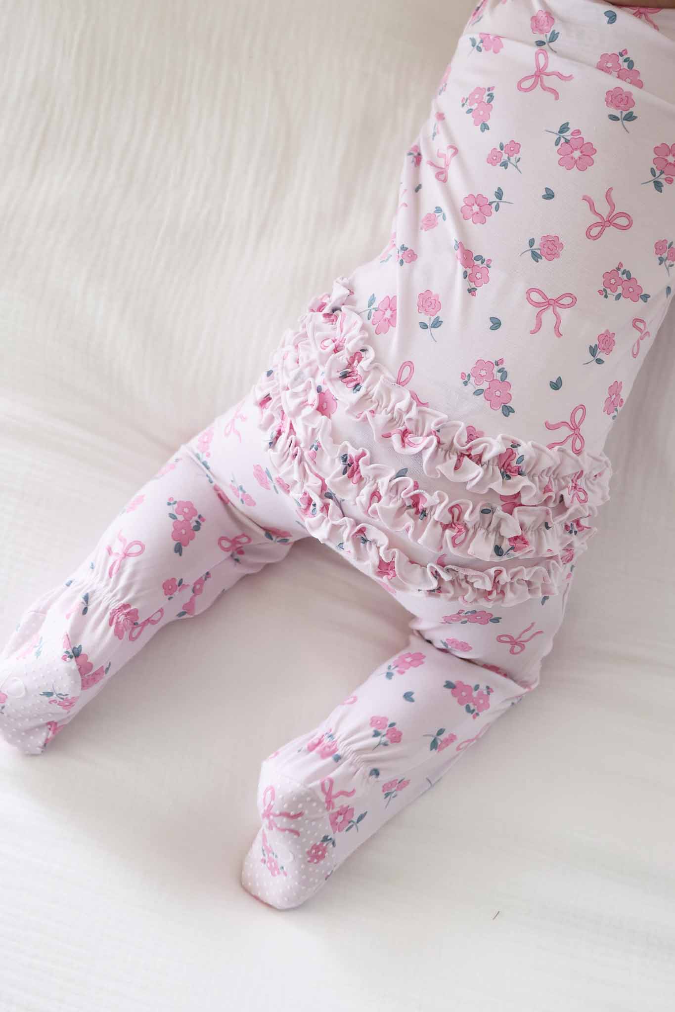Ribbon & Roses Ruffle Zipper Footie | Pink - Image 4