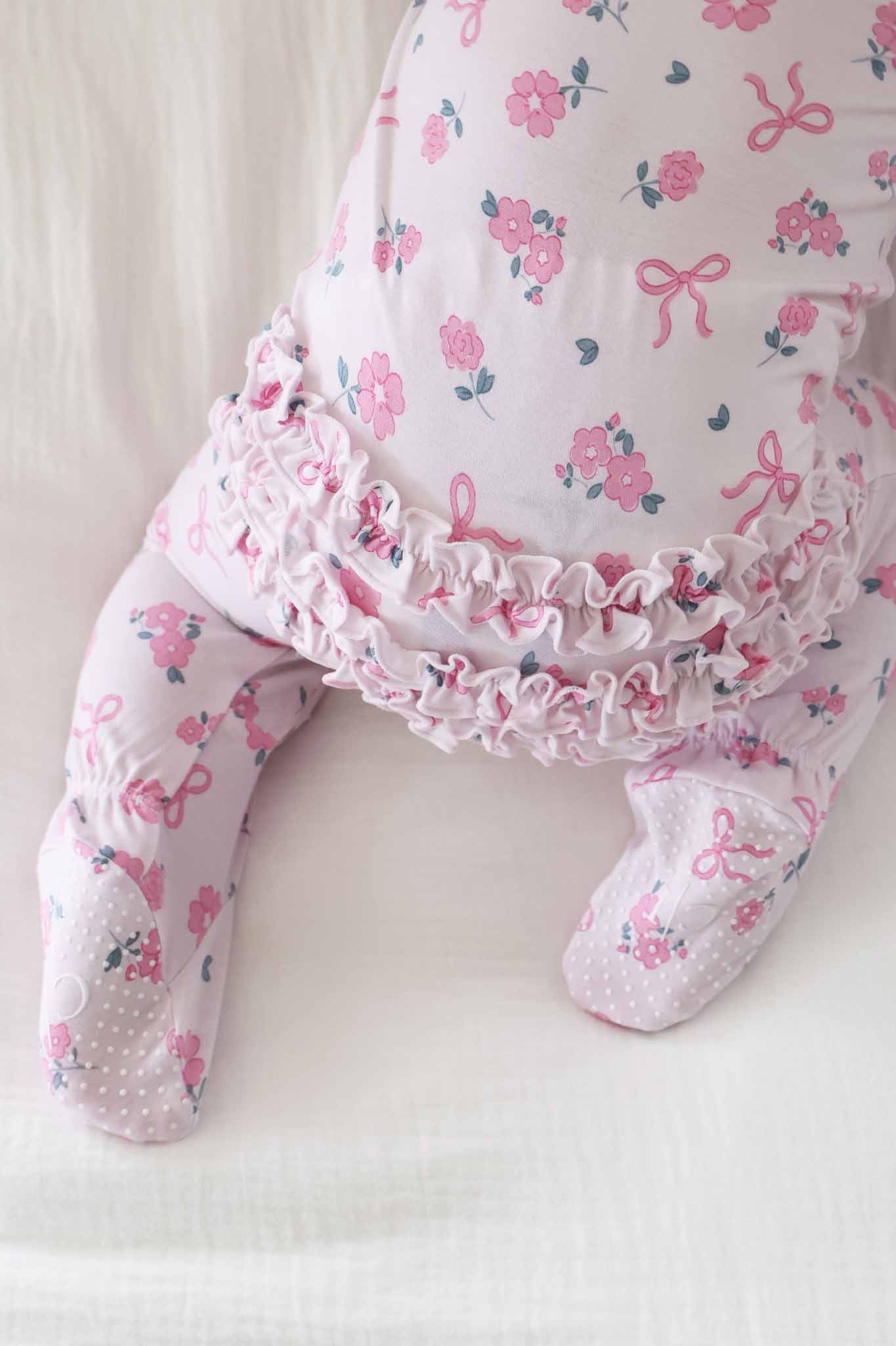 Ribbon & Roses Ruffle Zipper Footie | Pink - Image 6