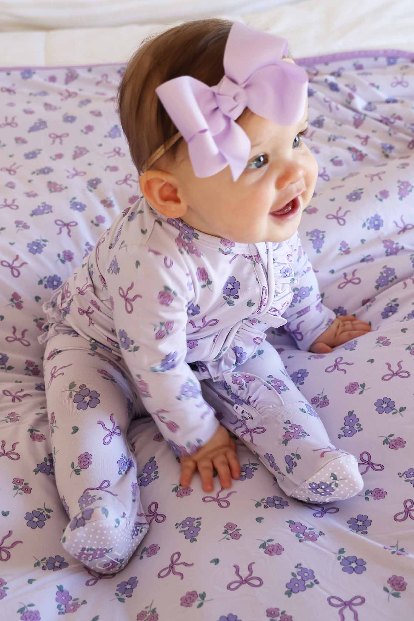 Ribbon & Roses Ruffle Zipper Footie | Purple - Image 11
