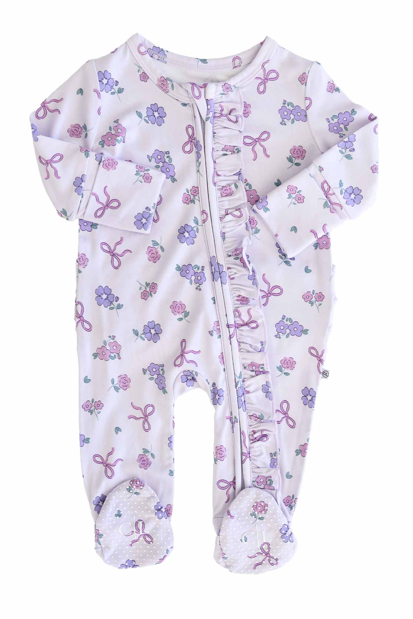 Ribbon & Roses Ruffle Zipper Footie | Purple - Image 16