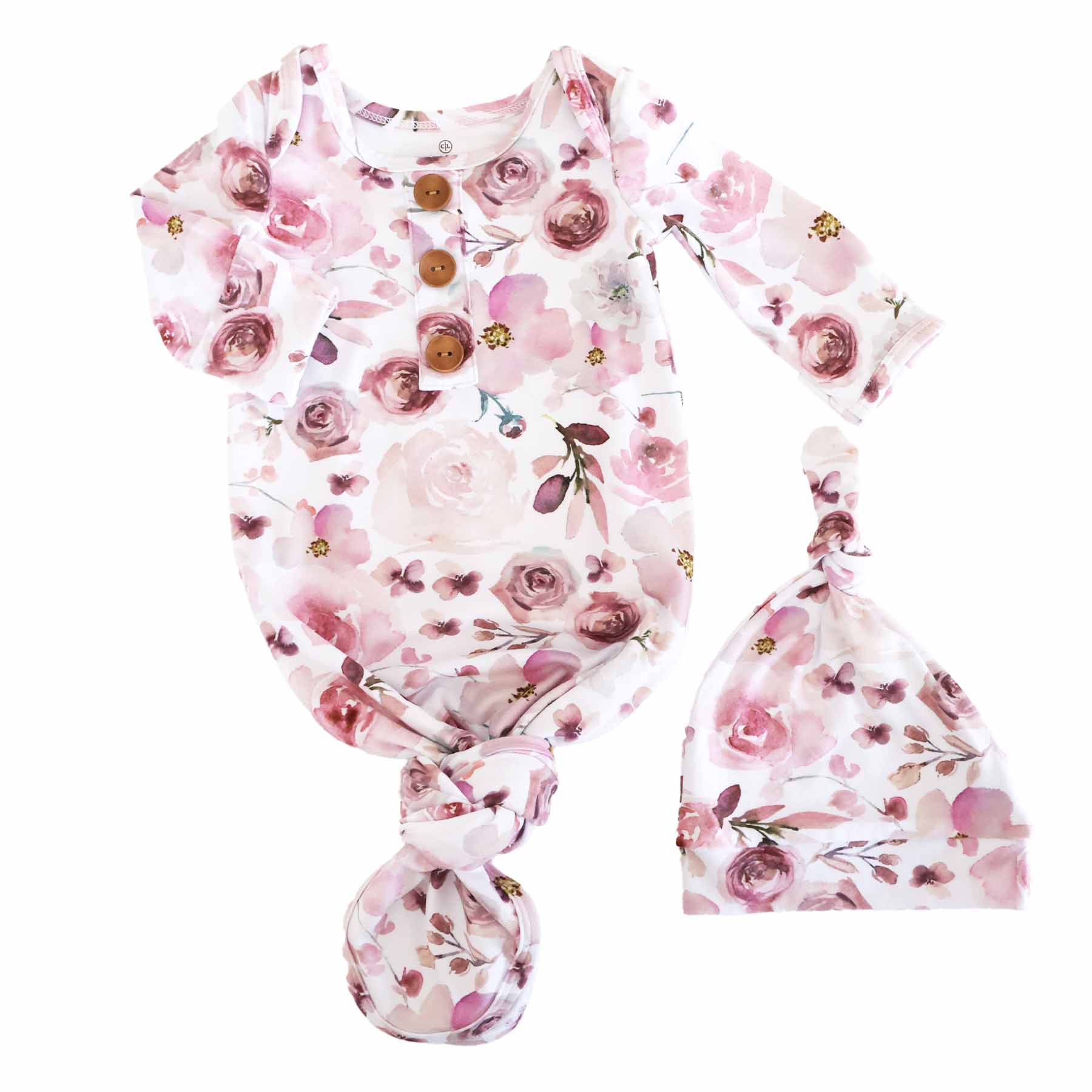 Rosie's Rose Garden Newborn Baby Knot Gown & Hat Set - Image 2