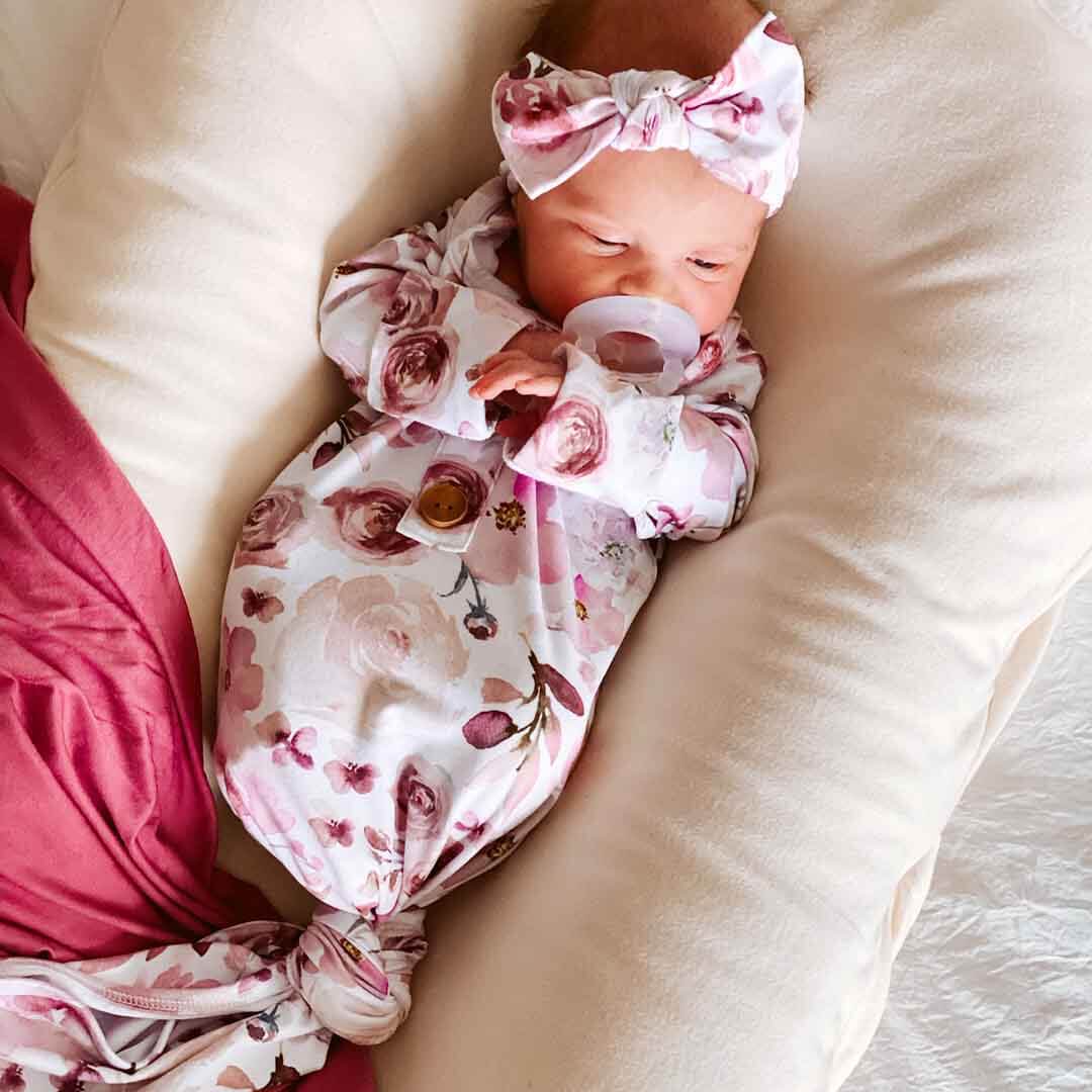 Rosie's Rose Garden Newborn Baby Knot Gown & Hat Set - Image 3