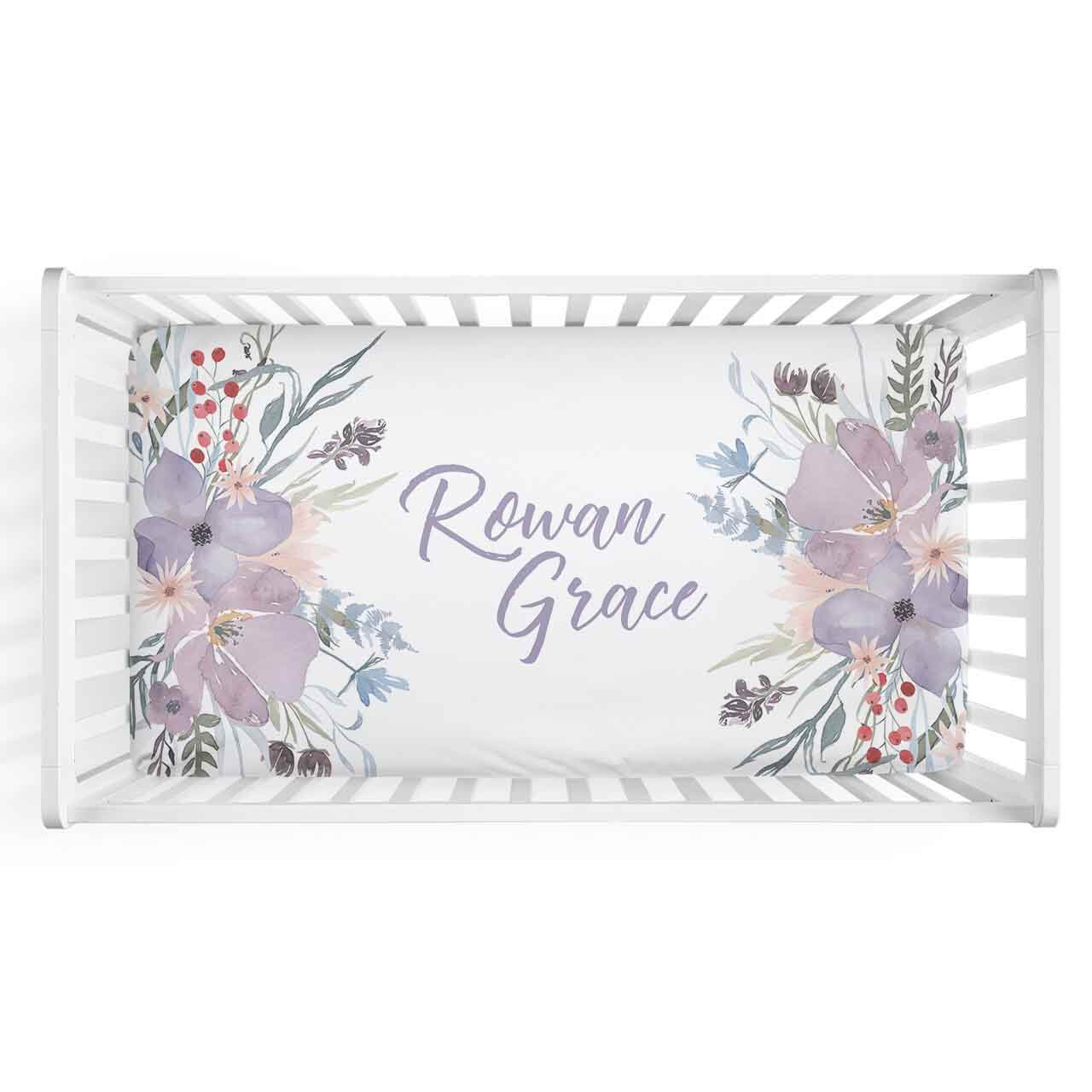 Rowan's Dusty Purple Bouquet Personalized Crib Sheet - Image 2