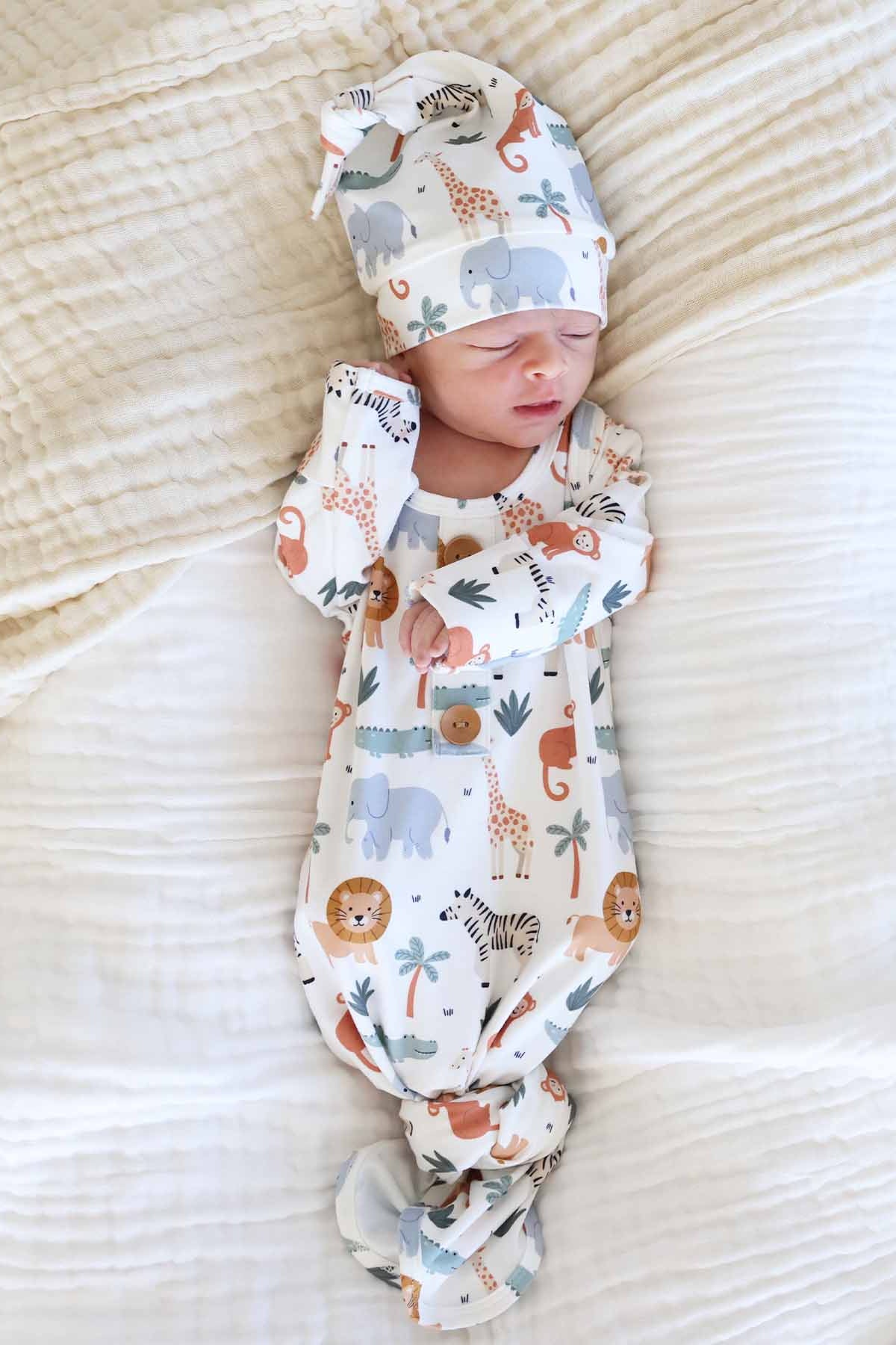 Safari Snuggles Newborn Baby Knot Gown & Hat Set - Image 3