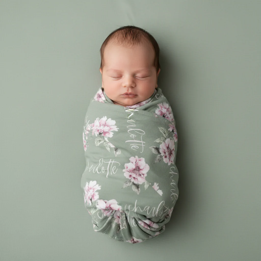 Saylor's Sage & Blush Floral Personalized Baby Name Swaddle - Image 3