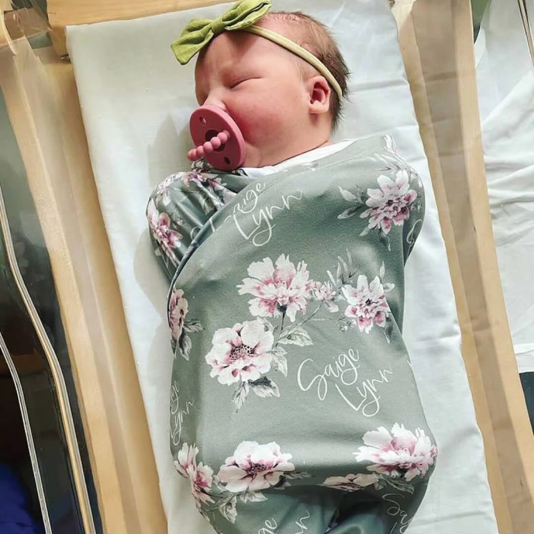 Saylor's Sage & Blush Floral Personalized Baby Name Swaddle - Image 4