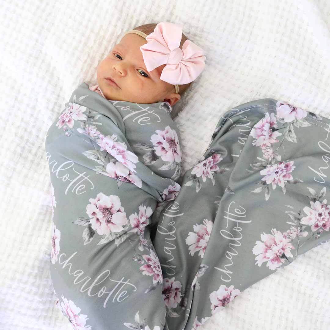 Saylor's Sage & Blush Floral Personalized Baby Name Swaddle - Image 5