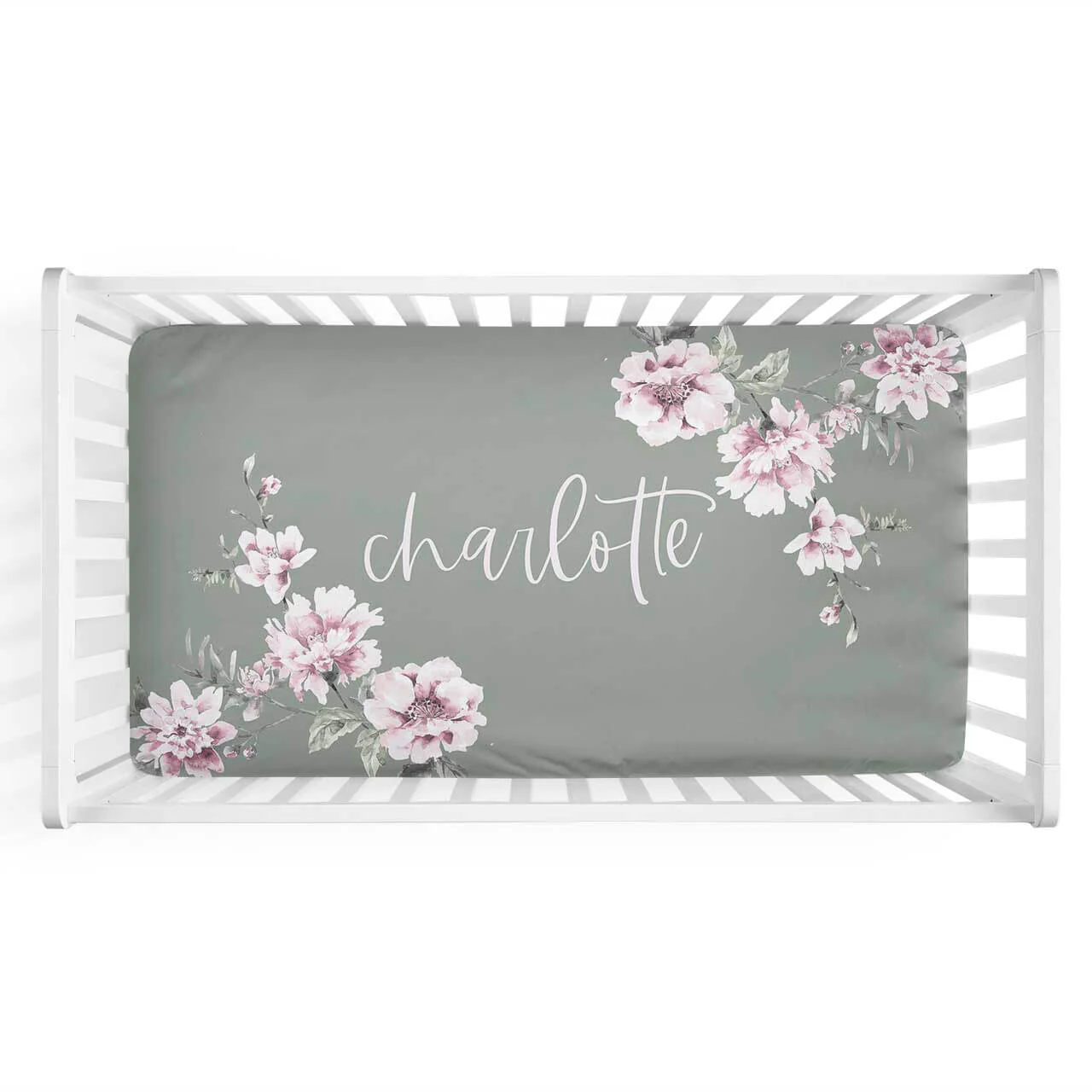 Saylor's Sage & Blush Floral Personalized Crib Sheet