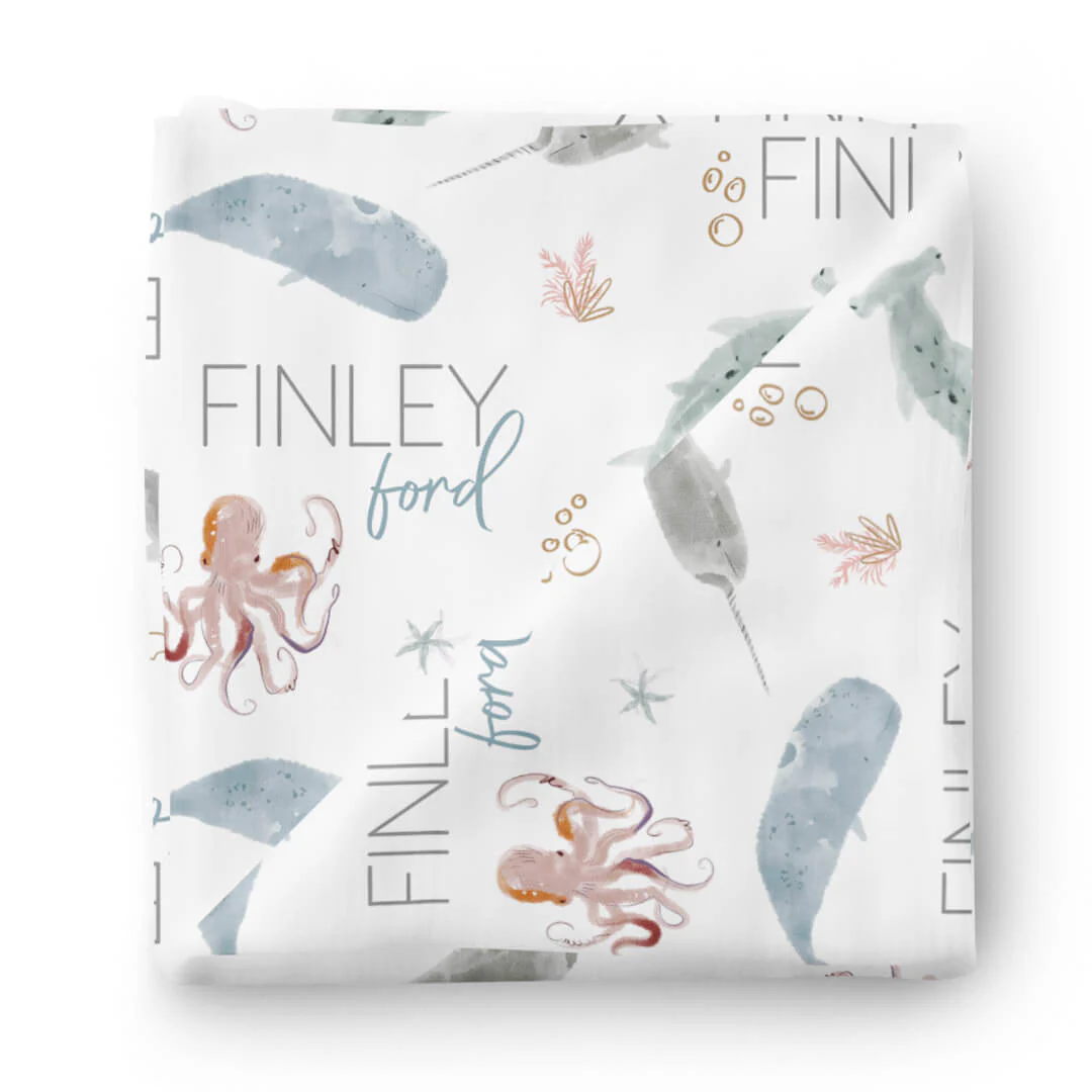 Sea Life Personalized Baby Name Swaddle Blanket - Image 2