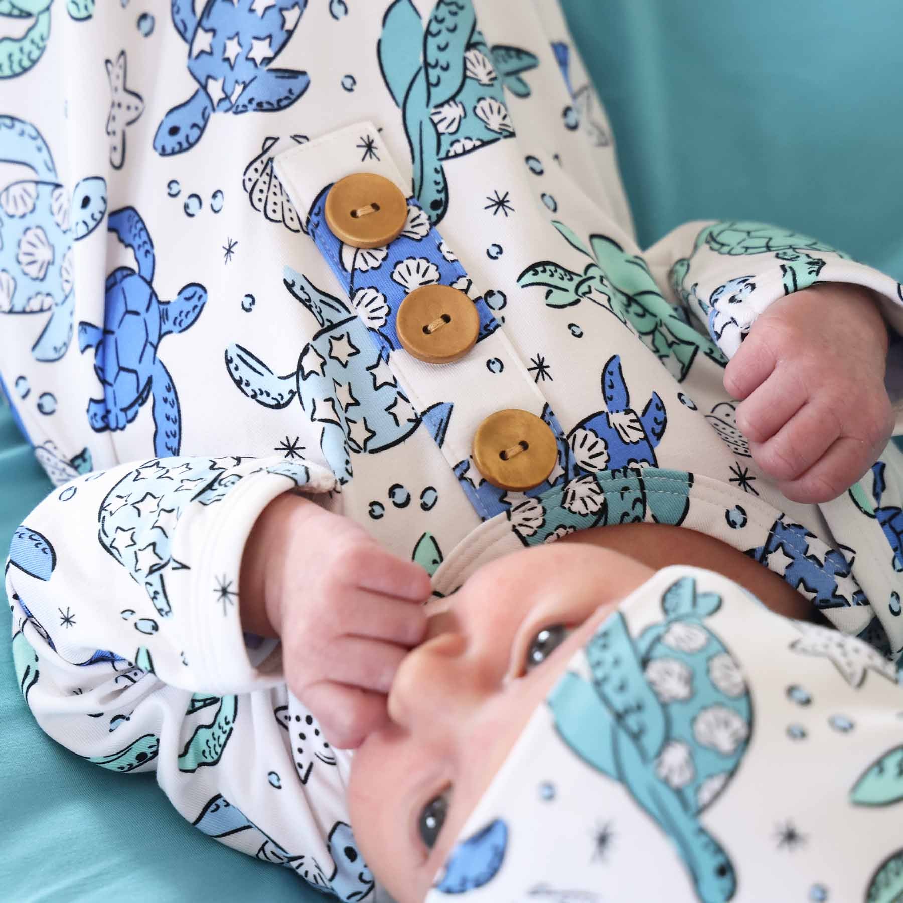Sea Turtle Splash Newborn Baby Knot Gown & Hat Set - Image 6