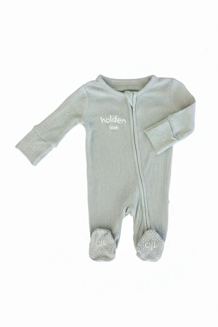 Embroidered Bamboo Waffle Zipper Footie | Seagrass - Image 2