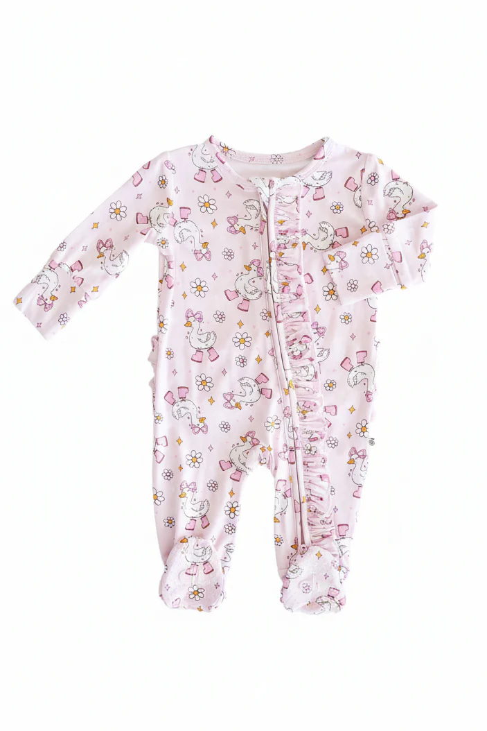 Silly Goose Ruffle Zipper Footie | Pink