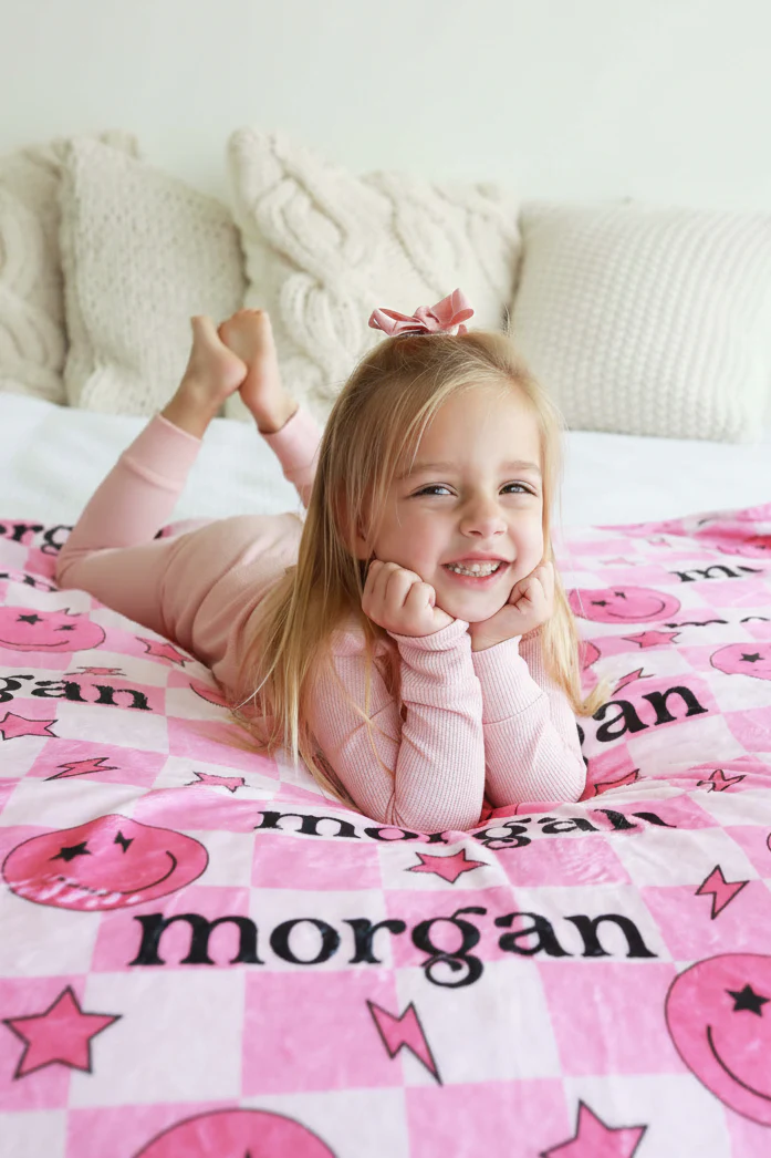 Smiley Face Check Personalized Kids Blanket | Pink