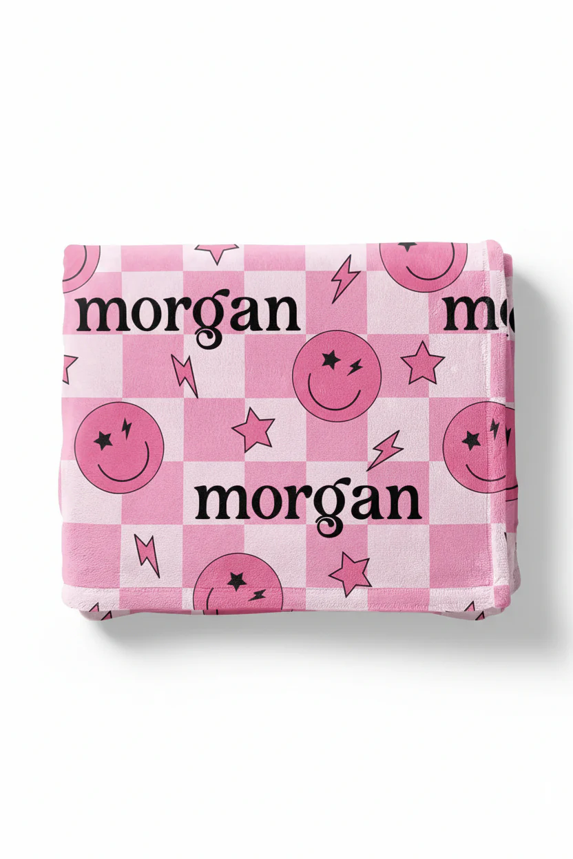 Smiley Face Check Personalized Kids Blanket | Pink - Image 2