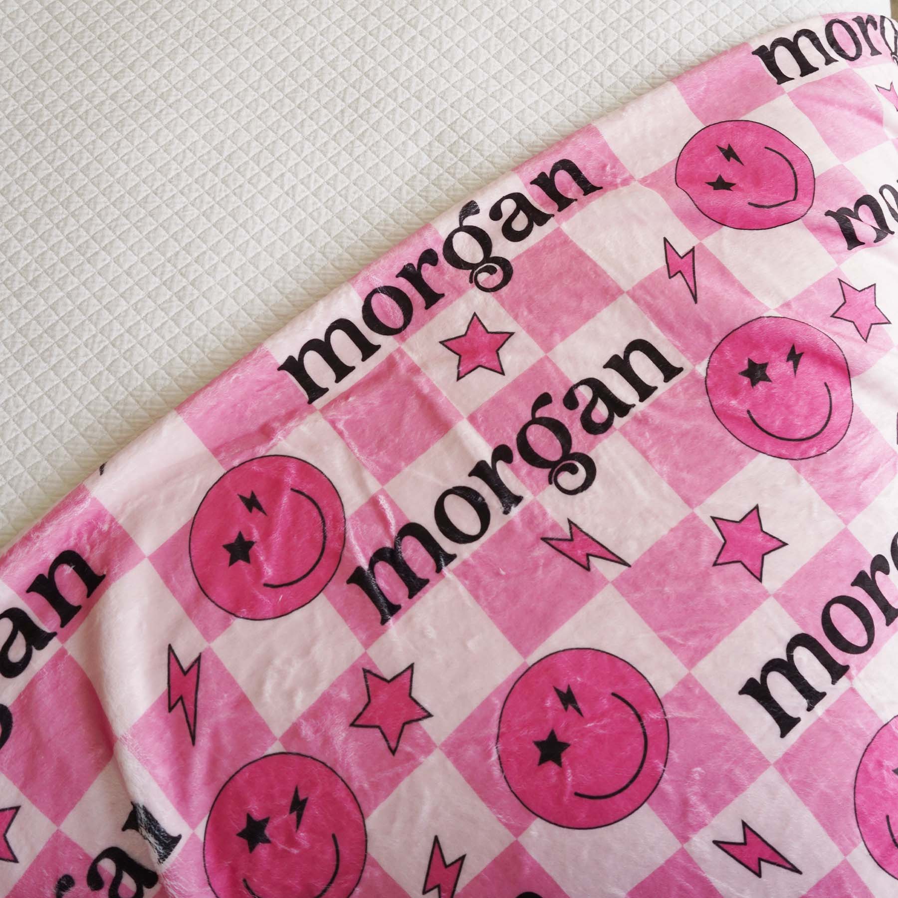 Smiley Face Check Personalized Kids Blanket | Pink - Image 3
