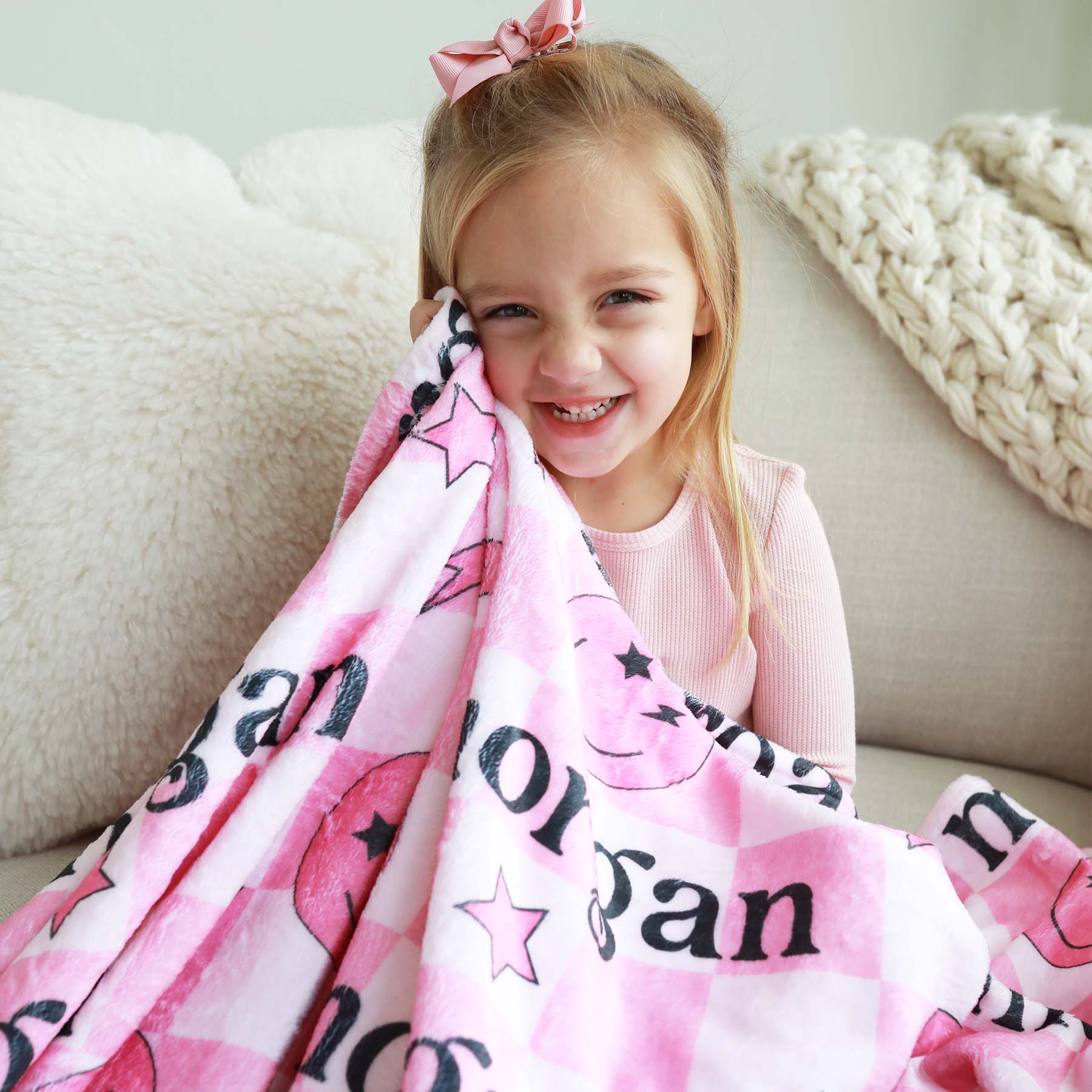 Smiley Face Check Personalized Kids Blanket | Pink - Image 4