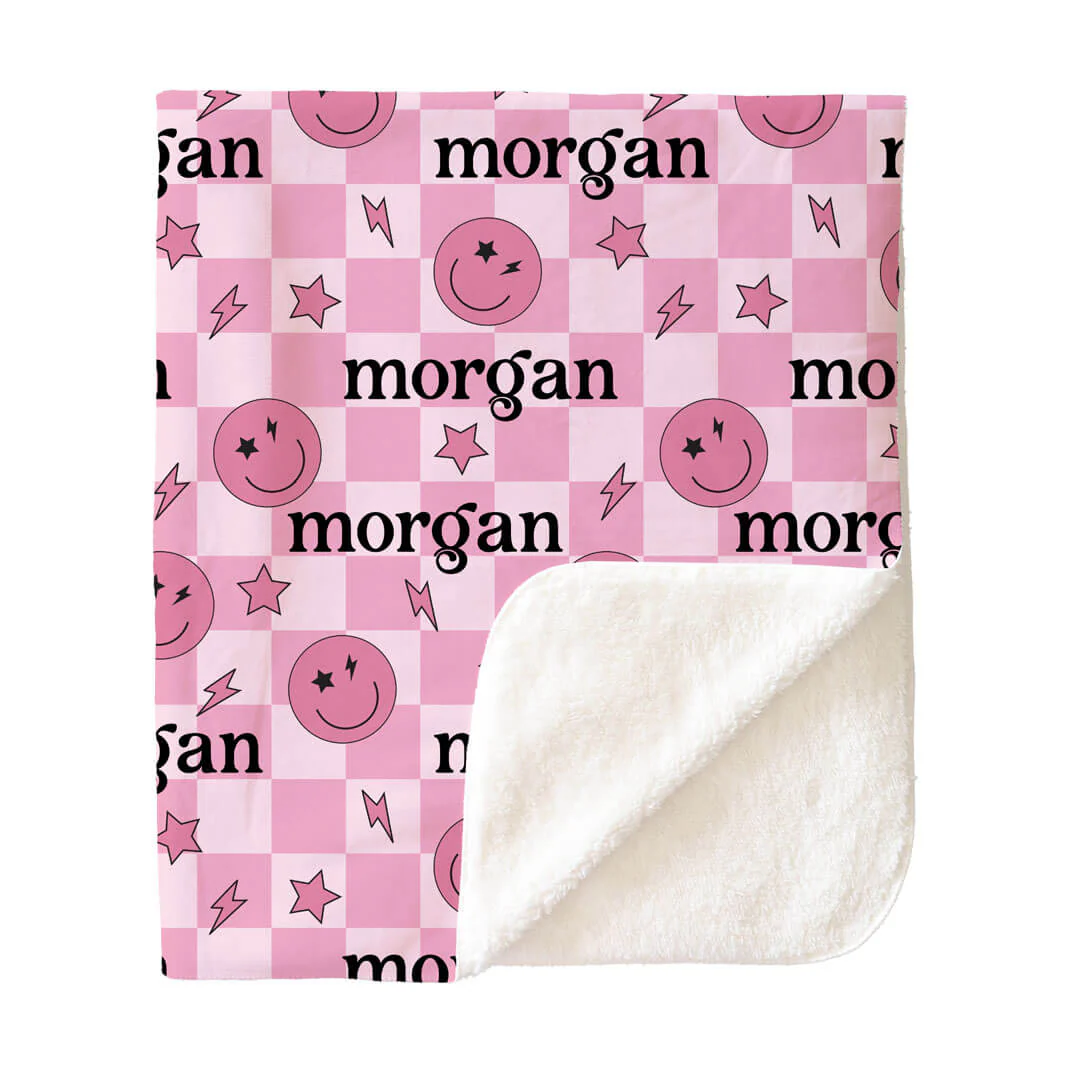 Smiley Face Check Personalized Kids Blanket | Pink - Image 7