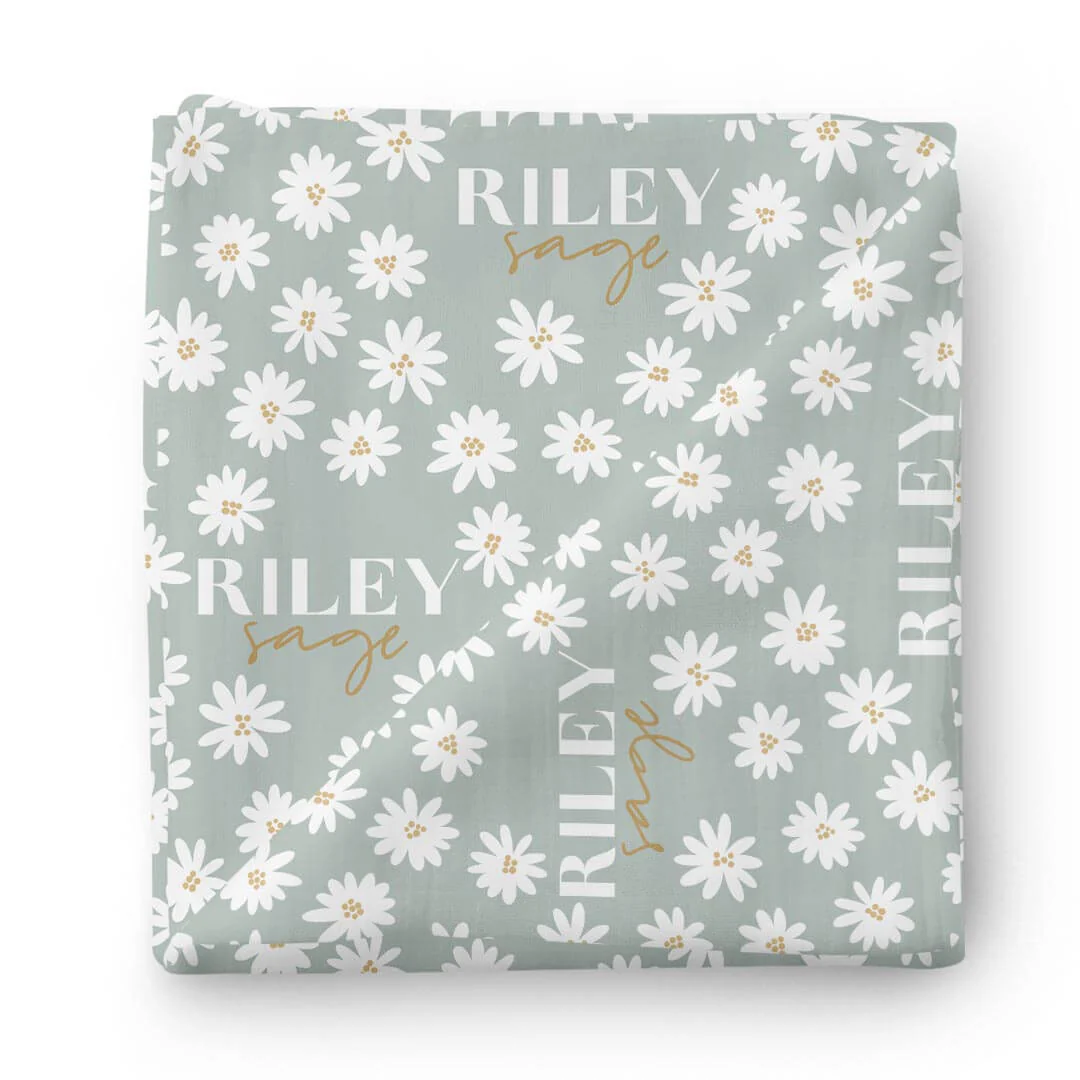 Soft Green Daisy Personalized Swaddle Blanket - Image 2