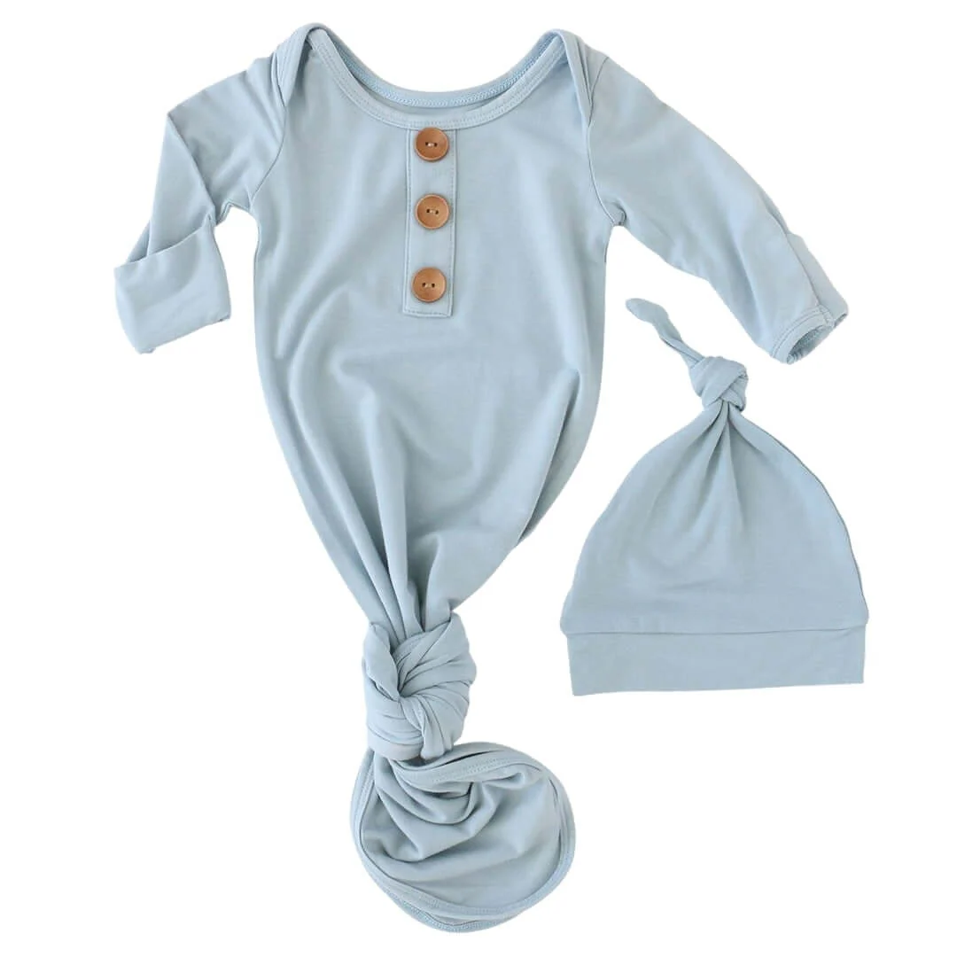 Solid Light Dusty Blue Bamboo Knot Gown & Hat - Image 2