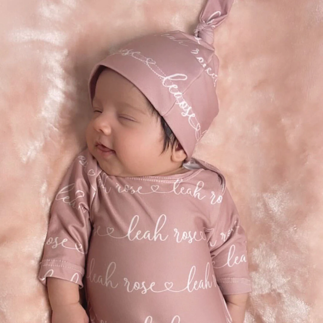 Solid Mauve Heart Personalized Newborn Baby Knot Gown - Script - Image 3