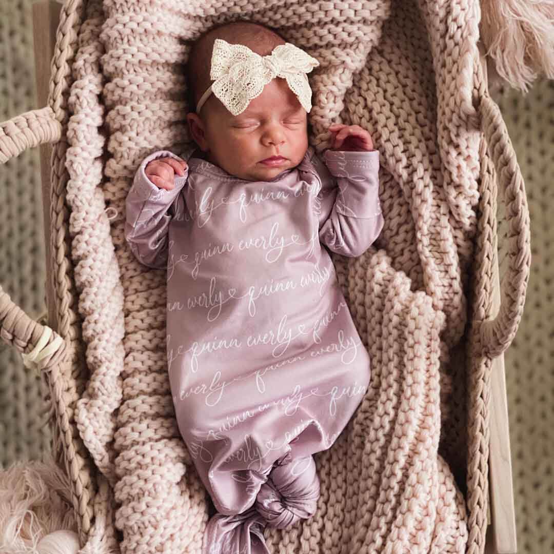 Solid Mauve Heart Personalized Newborn Baby Knot Gown - Script - Image 4