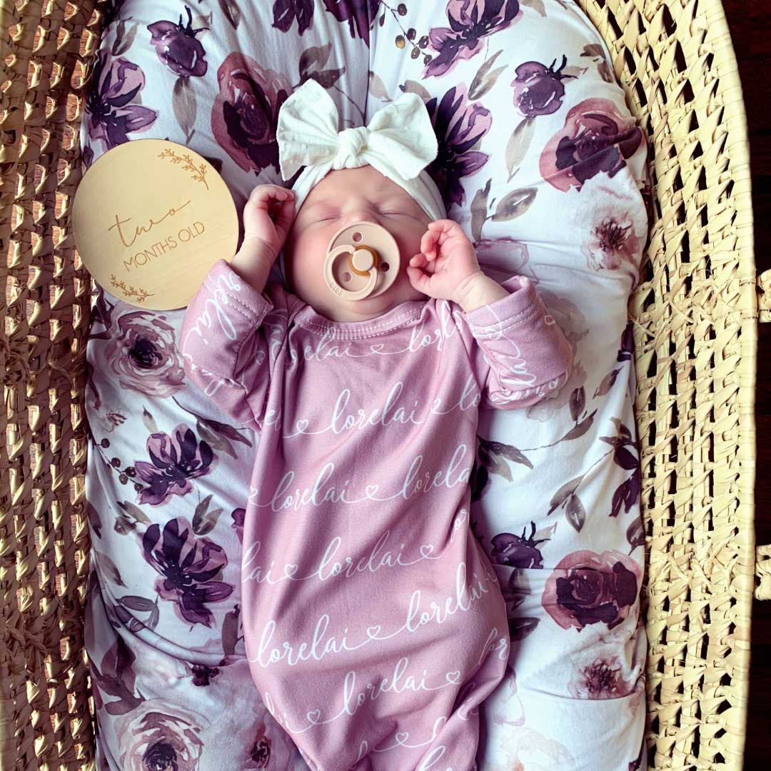 Solid Mauve Heart Personalized Newborn Baby Knot Gown - Script - Image 5