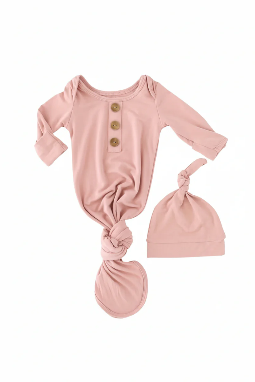 Solid Mauve Bamboo Baby Knot Gown & Hat - Image 2