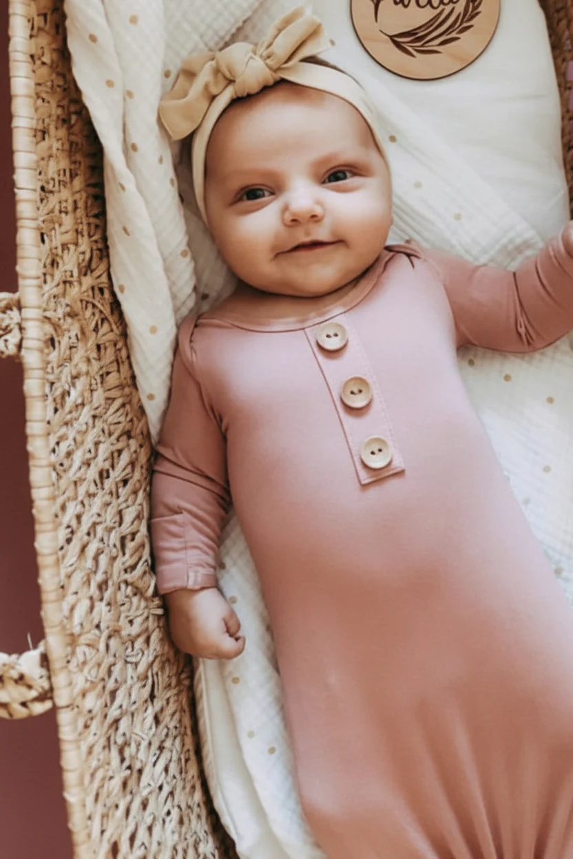 Solid Mauve Bamboo Baby Knot Gown & Hat - Image 4
