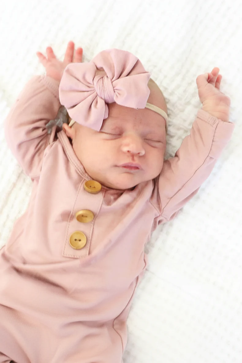 Solid Mauve Bamboo Baby Knot Gown & Hat - Image 5