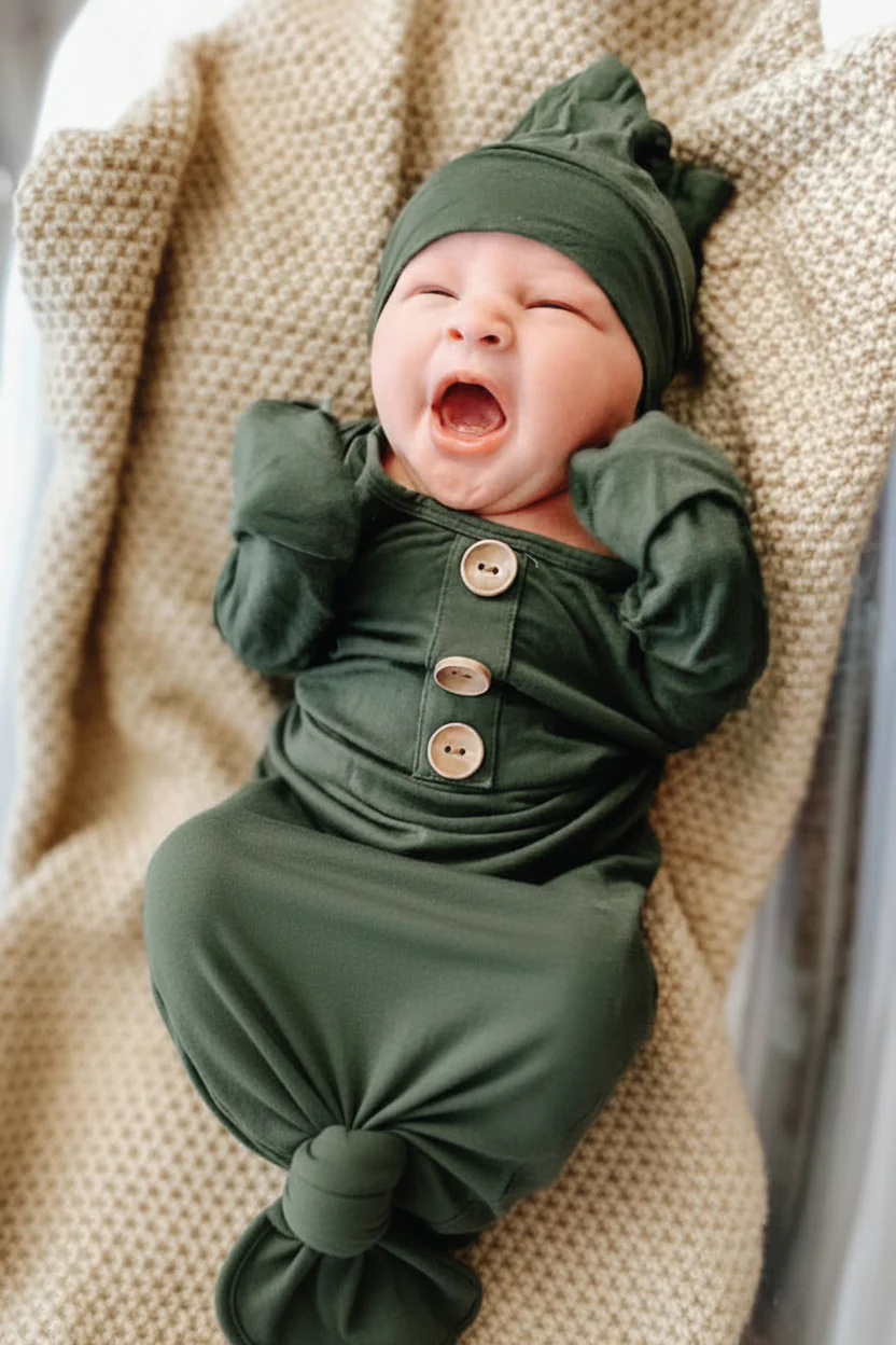 Solid Olive Bamboo Baby Knot Gown & Hat - Image 3