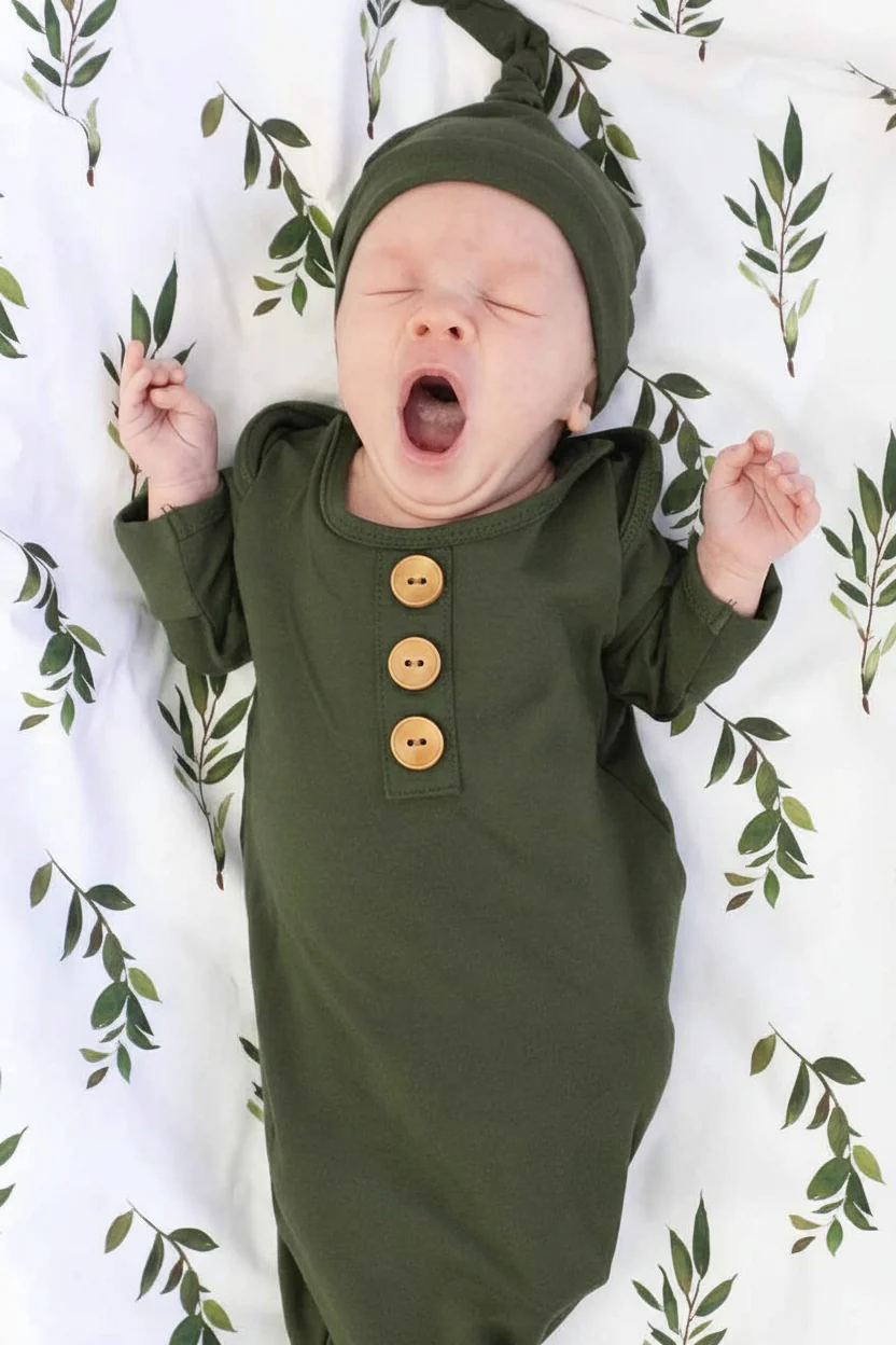 Solid Olive Bamboo Baby Knot Gown & Hat - Image 5
