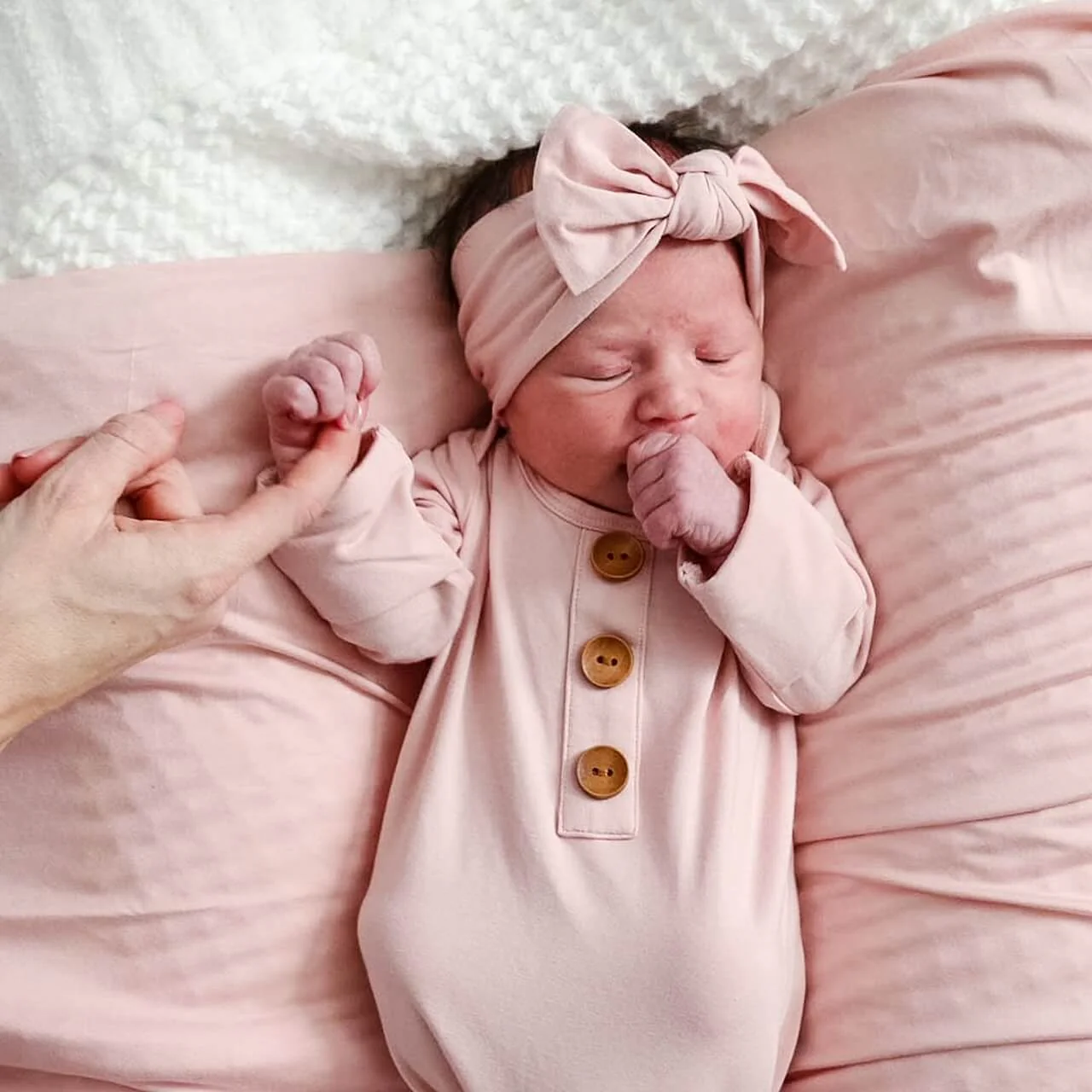Solid Petal Pink Bamboo Baby Knot Gown & Hat - Image 3