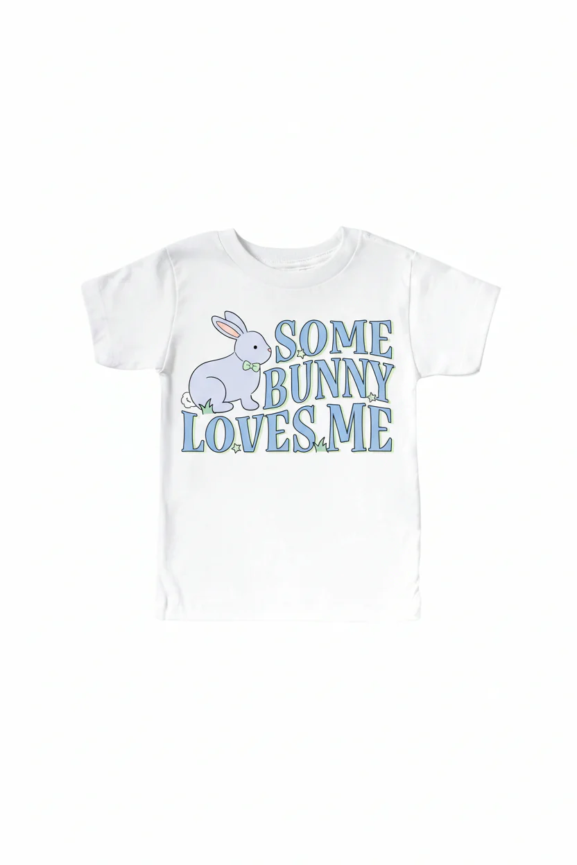 Some Bunny Loves Me Blue Graphic Bodysuit & Kids Tee | White - Image 3