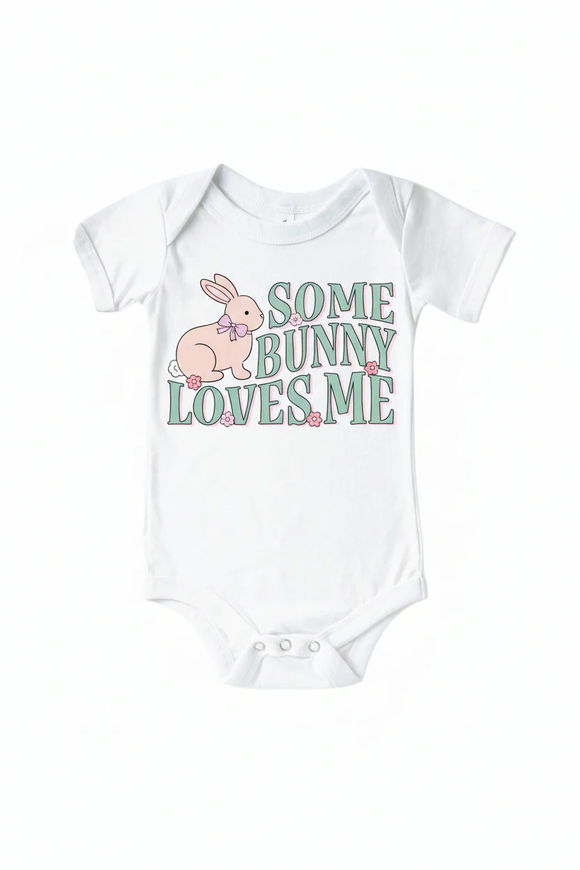 Some Bunny Loves Me Pink Graphic Bodysuit & Kids Tee | White - Image 2