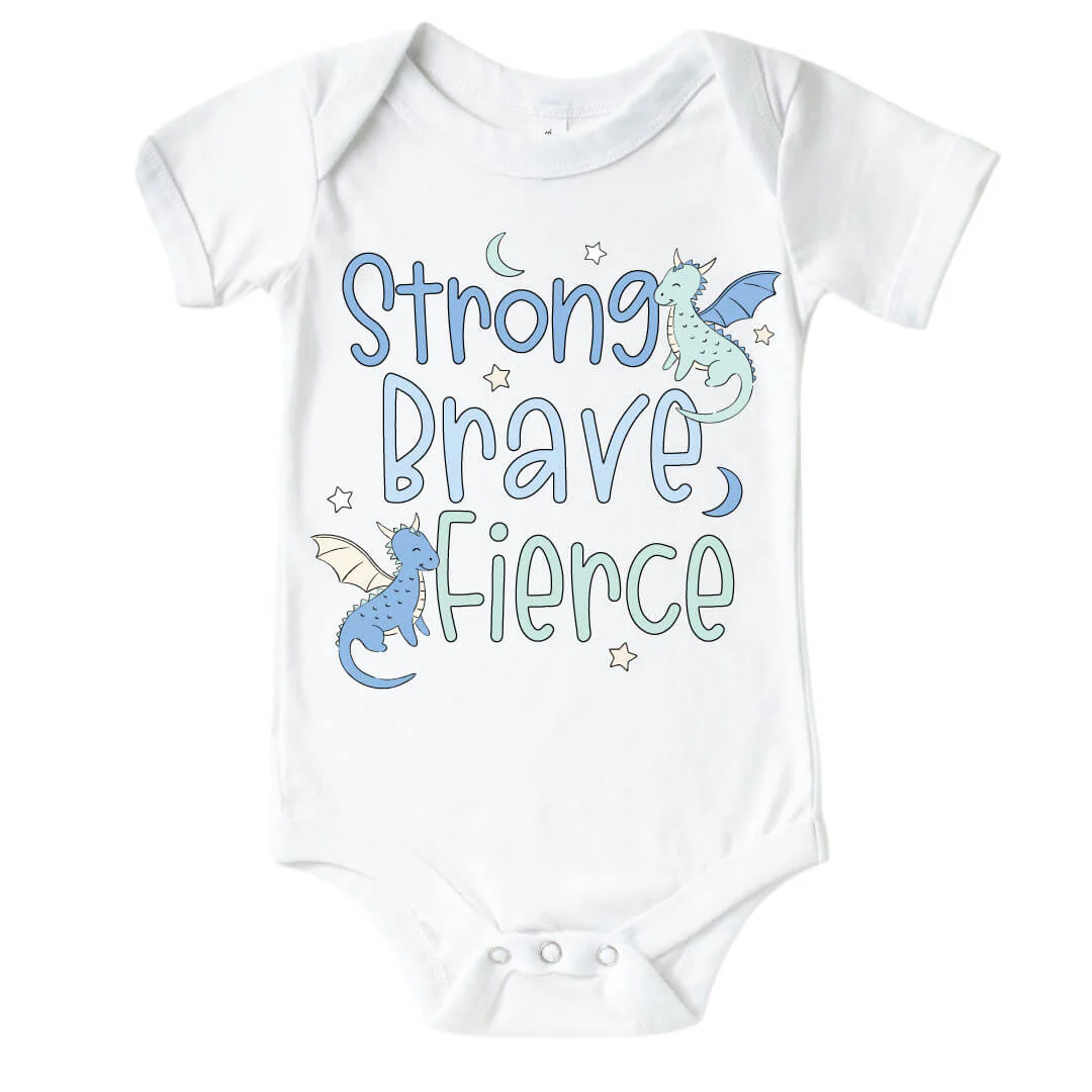 Strong, Brave, Fierce Blue Graphic Bodysuit & Kids Tee | White - Image 2
