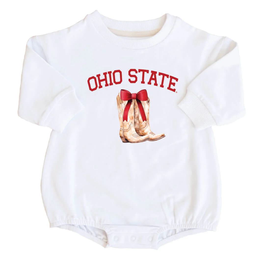 The Ohio State University | Footballs & Bows Graphic Sweatshirt Bubble Romper - Image 4
