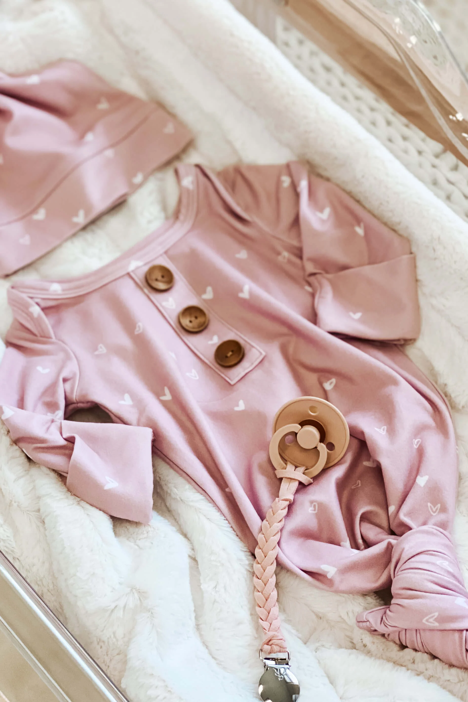 Tiny Hearts in Dusty Pink Newborn Baby Knot Gown & Hat Set - Image 5