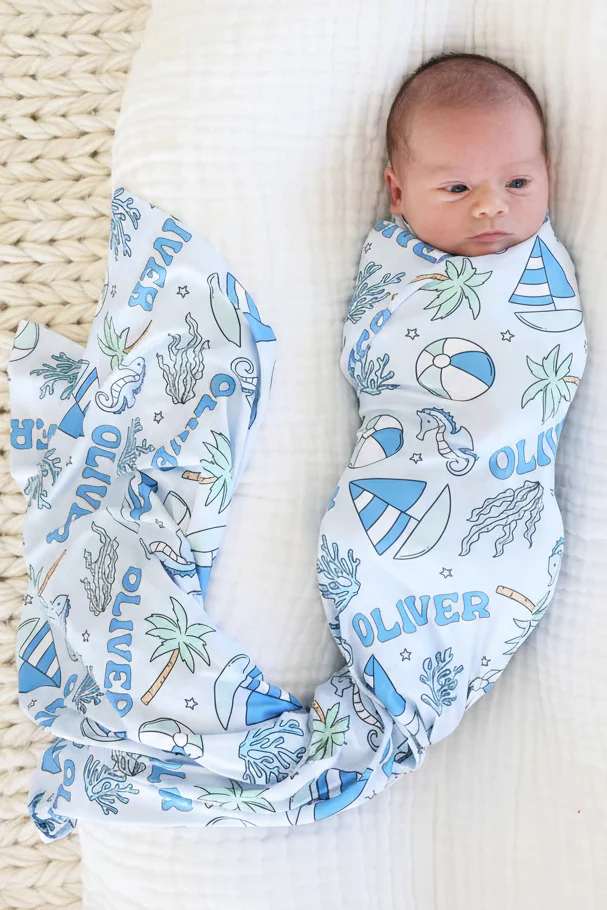 Tiny Tides Personalized Swaddle Blanket | Blue