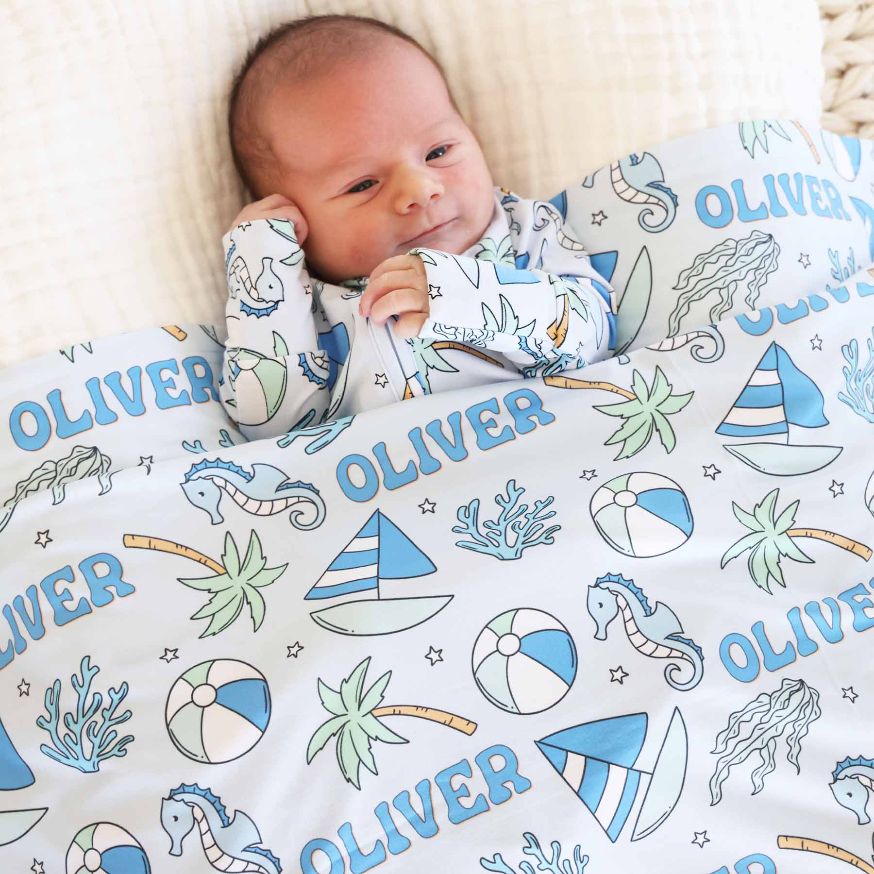 Tiny Tides Personalized Swaddle Blanket | Blue - Image 3