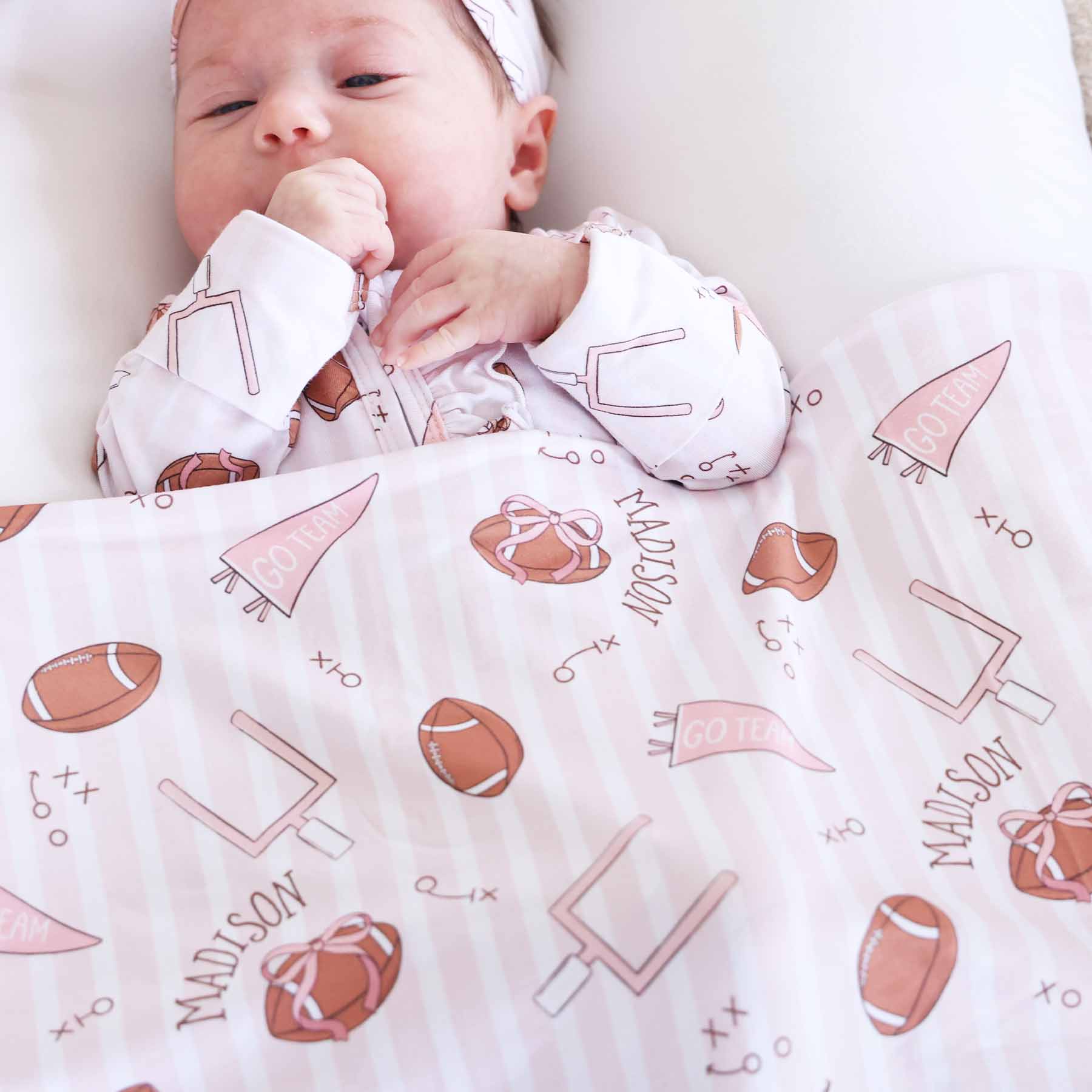 Tiny Touchdowns Personalized Swaddle Blanket | Pink - Image 3