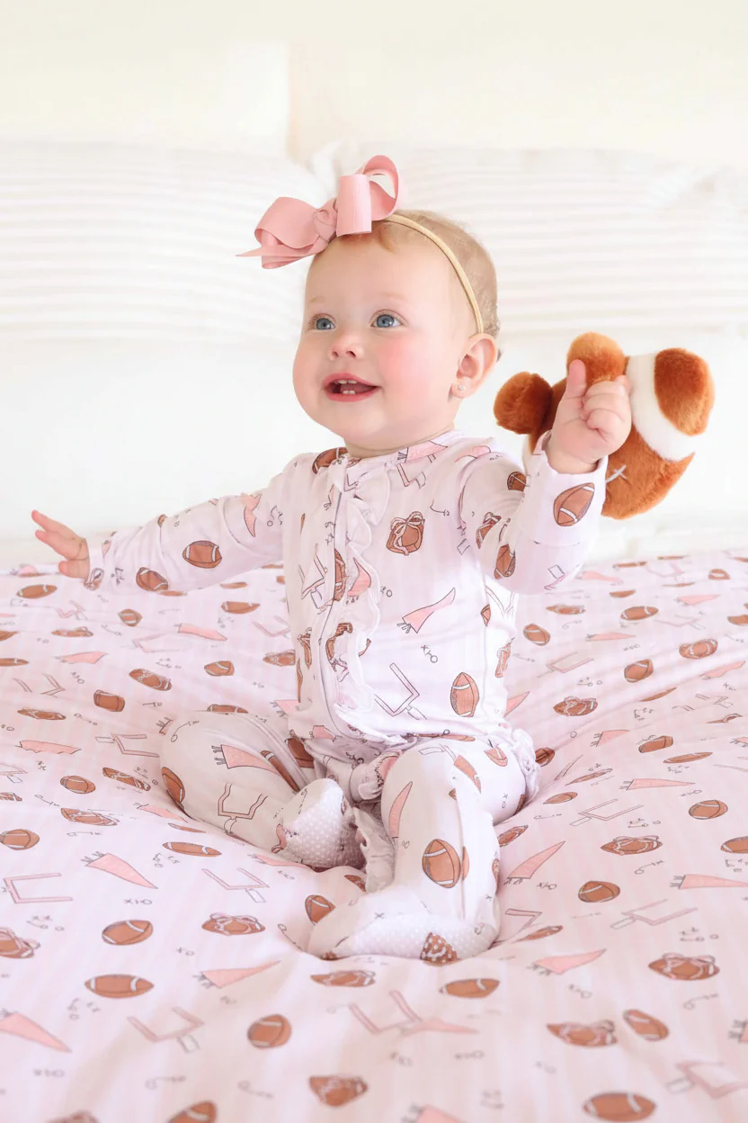 Tiny Touchdowns Ruffle Zipper Footie | Pink