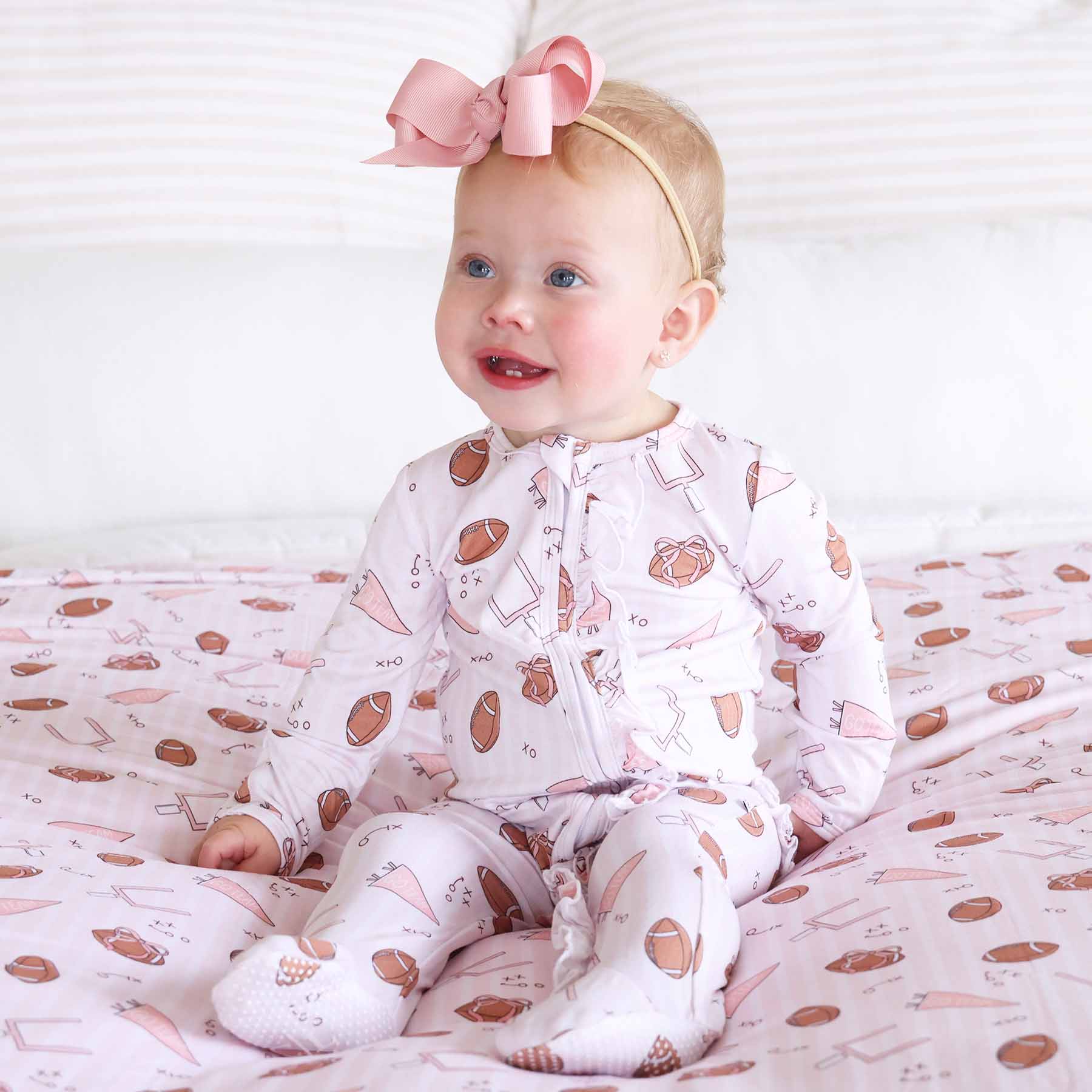 Tiny Touchdowns Ruffle Zipper Footie | Pink - Image 7
