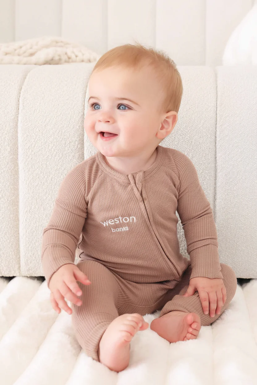 Embroidered Bamboo Waffle Convertible Zip Romper | Cocoa - Image 3