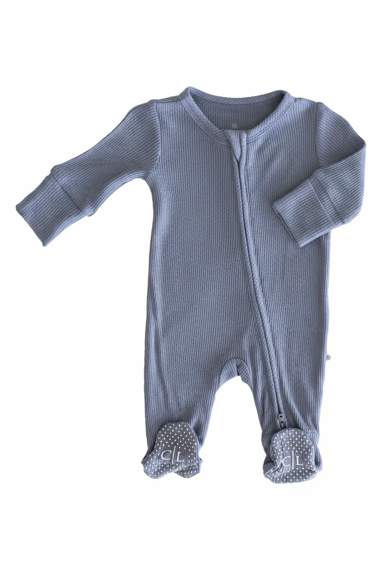Embroidered Bamboo Waffle Zipper Footie | Mountain Haze - Image 14