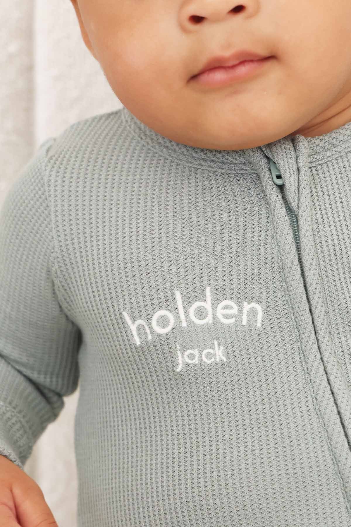 Embroidered Bamboo Waffle Zipper Footie | Mountain Haze - Image 19