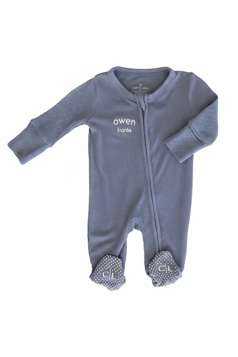 Embroidered Bamboo Waffle Zipper Footie | Mountain Haze - Image 9