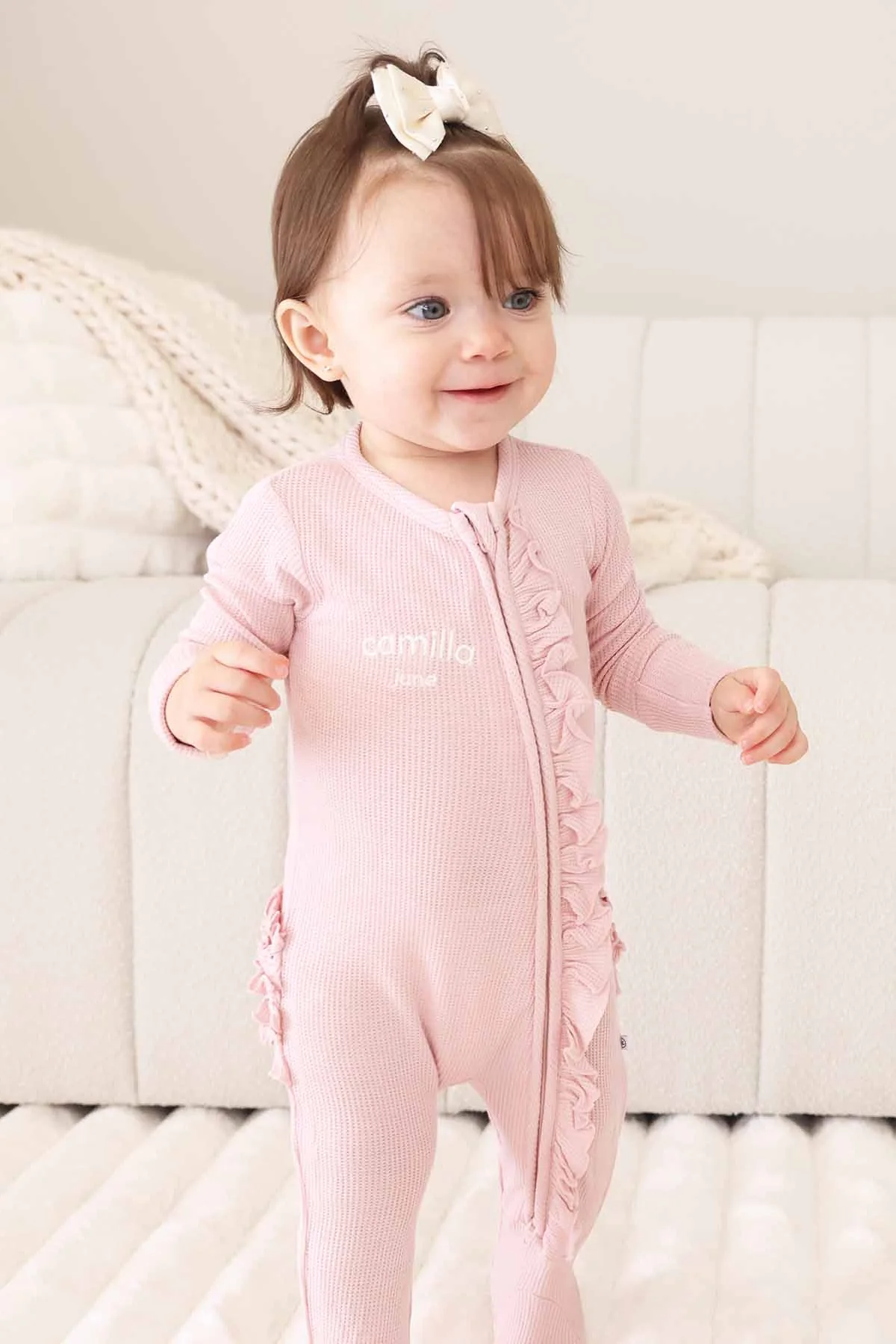 Embroidered Bamboo Waffle Zipper Ruffle Footies | In Bloom - Image 24
