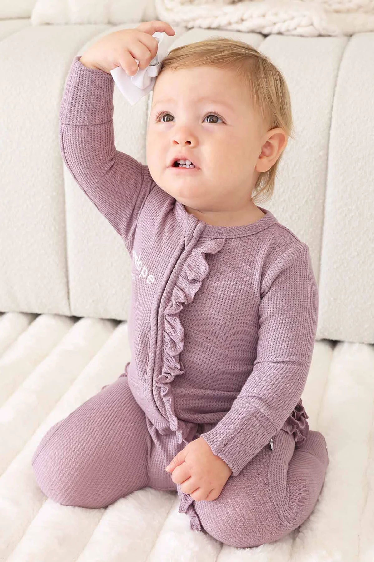 Embroidered Bamboo Waffle Zipper Ruffle Footies | In Bloom - Image 7