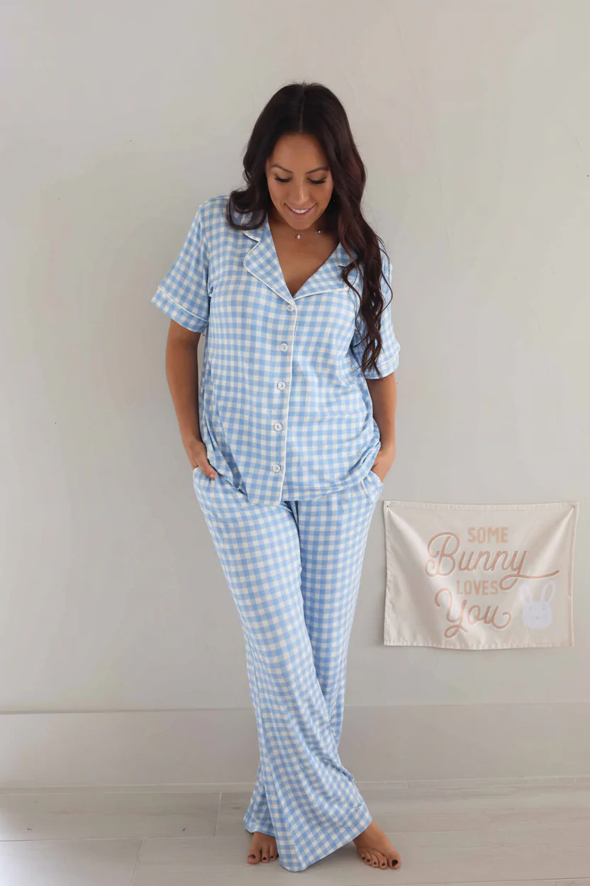 Women's Two Piece Flare Lounge Set | Blue Gingham - Image 5